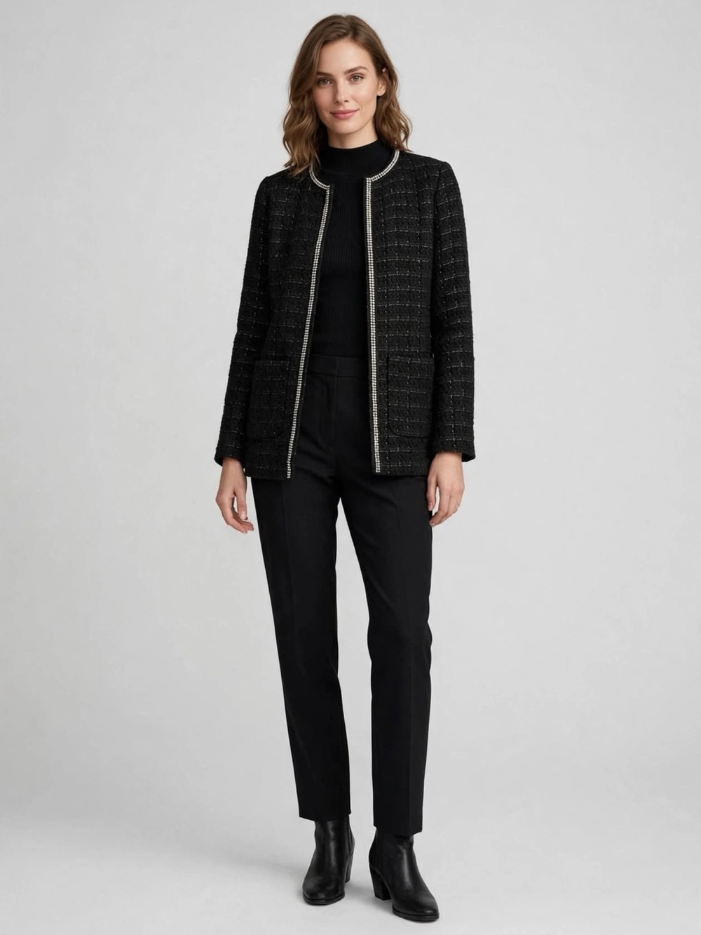 H&M Black Tweed Open-Front Jacket with Metallic Trim PTP 20